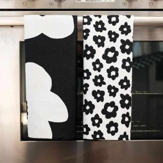 Geometry Tea Towel Set Graphite: Modern Floral Botanical Quick Dry Microfiber Kitchen Towels, 2-Piece, Off-White & Black image {1}