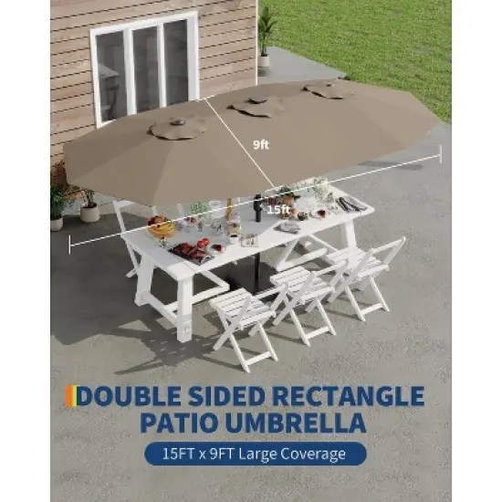 15FT Large Patio Umbrella with Base, Outdoor Double-Sided Rectangle Market Umbrella Outside Umbrellas for Poolside Lawn Backyard image {2}