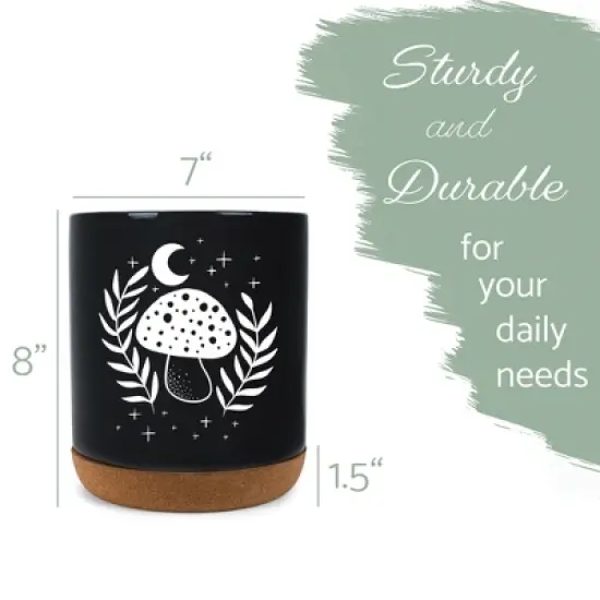 Elanze Designs 8 inch Moon Mushroom Leaf and Stars Large Ceramic Kitchen Utensil Holder Black and White Crock with Cork Base image {1}