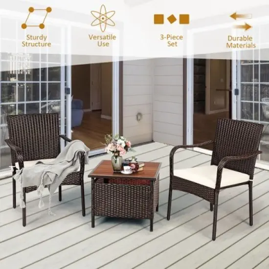 Costway 3PCS Patio Rattan Furniture Bistro Set Wood Side Table Stackable Chair image {5}