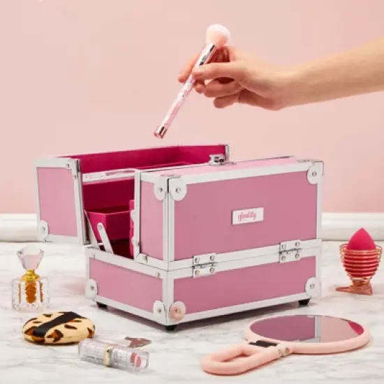 Glamlily Iridescent Pink Train Makeup Case, 3 Tier 5 Compartment Cosmetic Storage Box image {1}