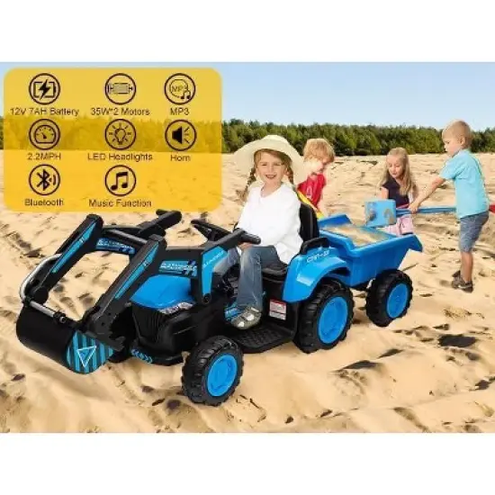 12V 3 in 1 Kids Ride On Excavator & Tractor with Detachable Trailer, Kids Electric Vehicles with Remote Control, Digger, LED Lights, Music image {3}