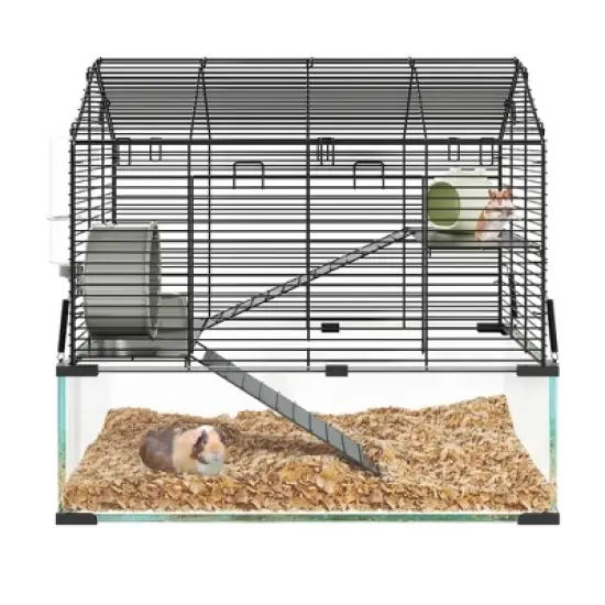 Glass Hamster Cage, 3-Tier Indoor Guinea Pig Cages, Rat Cage Accessories with Hamster Wheel, Water Bottle, Food Bowl, Small Animal Cage for 2 Rodents image {11}