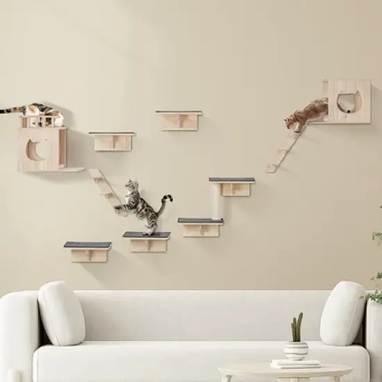 VEVOR Wall Mounted Cat Shelves, Cat Wall Shelves and Perches with Jumping Boards, Cat Beds, Hammocks & Cat Tree, Cat Furniture, Brown image {1}