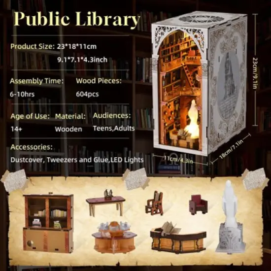 Aoibox Book Nook Kit DIY Miniature Wooden House Puzzle Public Library Bookshelf Decoration with LED Light Dust Cover Craft Gift for Teens Women image {1}