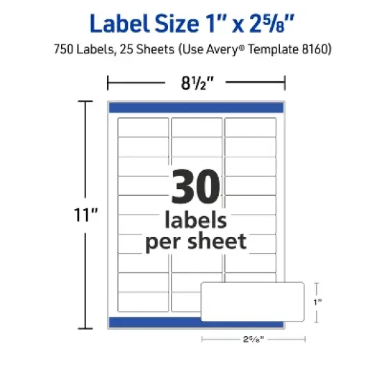 Avery Address Labels, 1" x 2-5/8", White, 750 Labels (8160) image {4}
