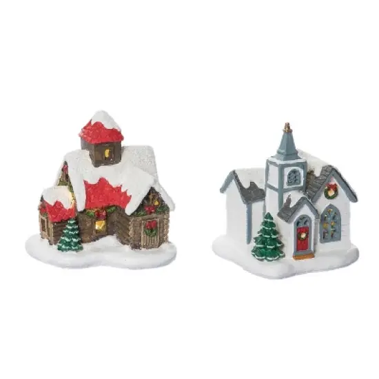 Transpac Light Up Village House and Church Figurine Set of 2 Christmas Home Decorations Resin Decorative Objects image {1}