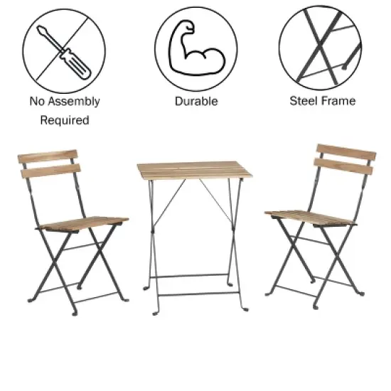 Folding Patio Bistro Set &ndash; 3-Piece Acacia Wood and Steel Caf&eacute; Table and Chairs for Porch, Deck, Garden, or Balcony Furniture by Lavish Home (Brown) image {2}