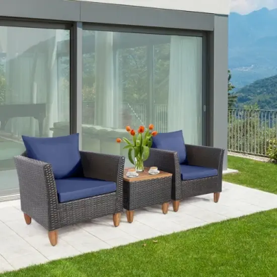 Costway 3PCS Patio Wicker Rattan Sofa Set Furniture Acacia Wood Conversation image {1}