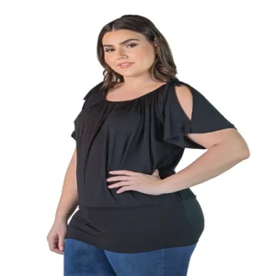 Women's Top with Short Sleeves and Split Shoulders in Solid Color Plus Size image {3}