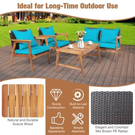 Tangkula 4PCS Patio Rattan Furniture Set Wood Frame Cushioned Sofa with Coffee Table Sectional Conversation Sofa Set for Garden image {2}