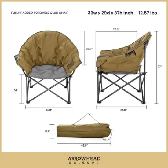 Arrowhead Outdoor Oversized Heavy-Duty Club Folding Camping Chair w/External Pocket, Cup Holder, Portable, Padded, Moon, Round, Bag (Wrangler Brown) image {4}