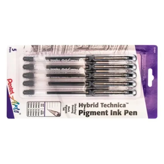 Pentel Arts Hybrid Technica Gel Pen, Assorted Tip Sizes (0.05, 0.1, 0.3, 0.5, 0.8), Black Ink, 5 Per Pack, 2 Packs image {2}