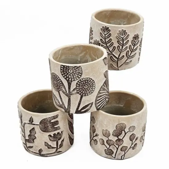 NAYSAYE Planter Set of 4 Gray Sand and Cement Planter with Brown Botanical Motifs for Indoor Outdoor Garden, Brown and Gray, 10"*10"*5" image {2}