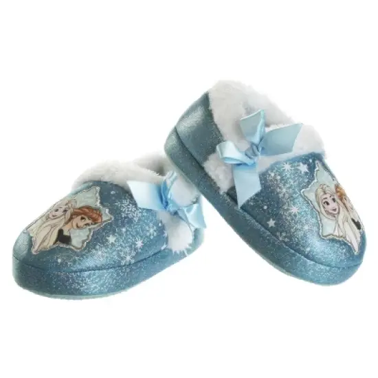 Disney Frozen Girl Slippers - Elsa and Anna Plush Lightweight Warm Comfort Soft Aline House Shoes - Blue ribbon (sizes 5-12 Toddler-Little Kid) image {2}