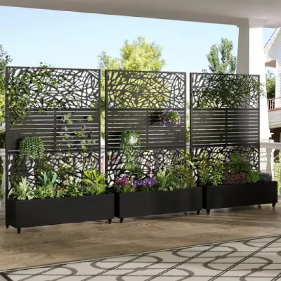 SpassWay 72"H Two-tone Patio Planter Box with Trellis Metal Raised Garden Bed Black Decorative Privacy Screen with Wheels image {2}
