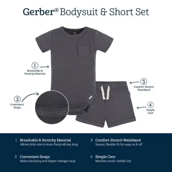 Gerber Baby Boys' 2-Pack Bodysuit and Shorts Set, Dark Grey image {6}
