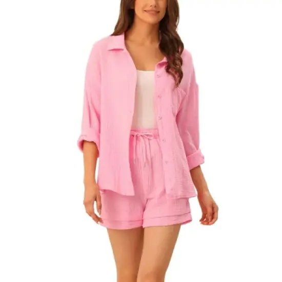 cheibear Women's Button Down Long Sleeve Sleepwear Shirt with Shorts Casual Lounge Sets image {10}