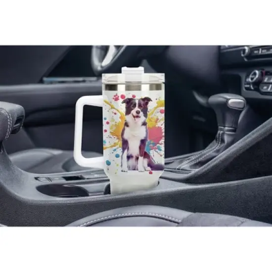 100 North 40 Ounce Stainless Steel Double Wall Insulated Glitter Travel Tumbler With Handle, Straw, and Lid, Border Collie Dog White image {4}