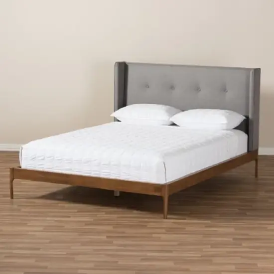 Brooklyn Mid Century Modern Walnut Wood Fabric Upholstered Platform Bed - Baxton Studio image {1}