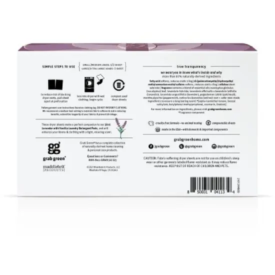 Grab Green Classic Dryer Sheets, Lavender with Vanilla Scent image {1}