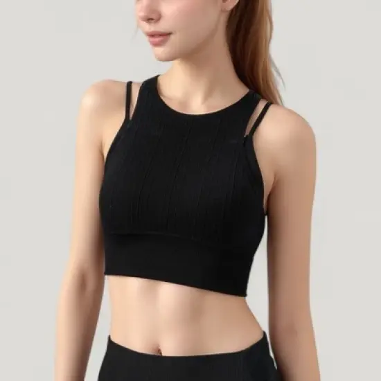Anna-Kaci Active Women's Ribbed High Neck Crop Top with Double Strap Detail image {6}