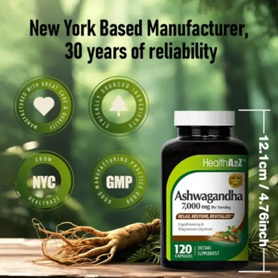 HealthA2Z &ndash; Ashwagandha 7000 mg with Magnesium Glycinate & Ergothioneine &ndash; 120 Capsules image {6}