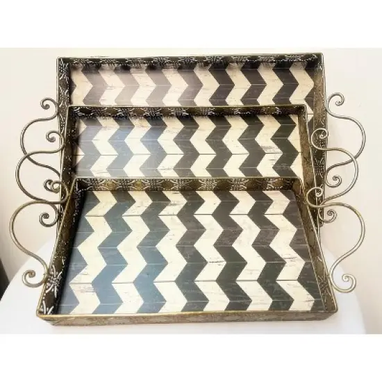 Essential Decor & Beyond Decorative Rectangular Metal Tray With Handle:  Black and White Chevron Pattern - 3PC image {2}