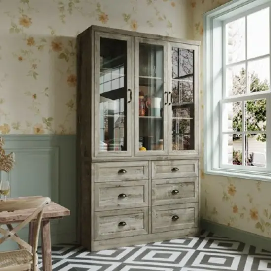 Famapy Vintage Kitchen Cabinet,Adjustable Shelves & Glass Doors,Multi-Drawer Large-Capacity Kitchen Storage Solution,Antique-Style Kitchen Pantry image {1}