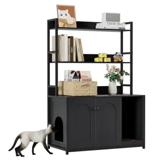 Litter Box Enclosure w/2 Storage Shelves Hidden Cat Litter Box Furniture w/Scratch Pad Indoor Cat House Kitty Box Washroom Cat Bookshelf Cabinet image {6}