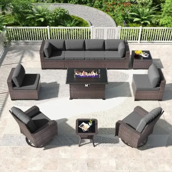 ALAULM 11PCS Outdoor Patio Furniture Set,PE Rattan Sectional Sofa Patio Conversation Sets with Fire Pit Table image {9}
