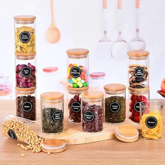 12 Pcs Round Spice Jars with Bamboo Lids and Stickers, Glass Storage Jars, Candy Jars, Coffee Jars, Salt Jars, Pepper Jars, Tea Jars image {9}