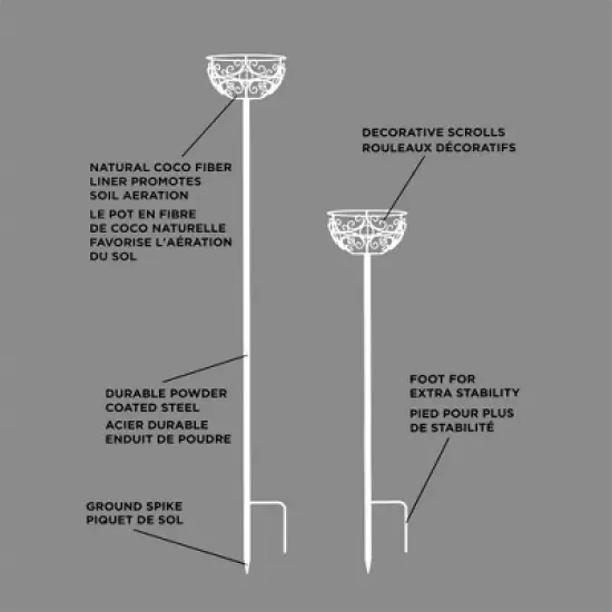 Panacea Outdoor Garden Stakes with Coco-Lined Planter Baskets, Black, 69in (Pack of 2) image {5}