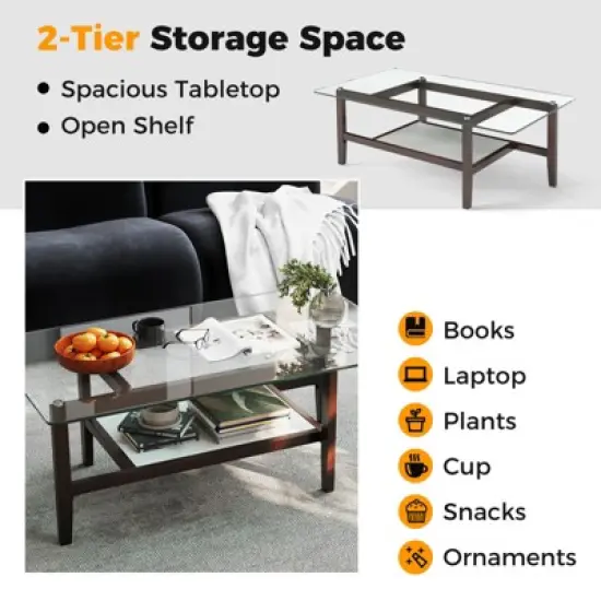 Tangkula 2-Tier Glass Coffee Table w/ Storage Shelf Solid Rubber Wood Legs for Office image {9}