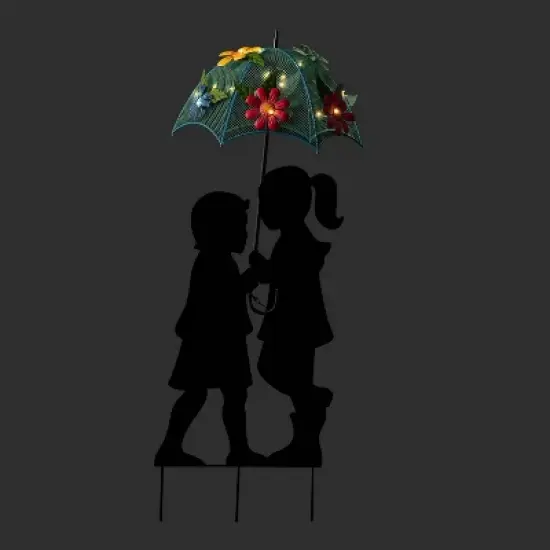 39" Iron Boy & Girl Silhouettes Holding Solar Lighted Umbrella - Alpine Corporation image {2}