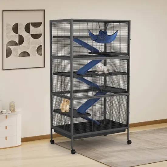 59" 6-Tier Small Animal Cage - Rolling Critter Nation Habitat for Ferrets/Chinchillas/Rabbits w/Ramps & Platforms, Black image {6}