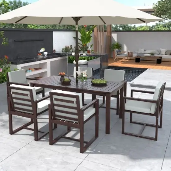 7 Pieces Acacia Wood Outdoor Dining Set,Wooden Garden Dining Table and Chair Set with Cushions,Dining Table with Umbrella Hole-Coolbibila image {7}