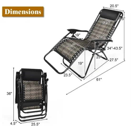 Tangkula Grey Folding Recliner Patio Rattan Zero Gravity Lounge Chair With Headrest image {2}