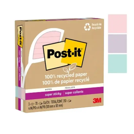 Post-it Recycled Super Sticky Notes 4"x4" Pastels: 100% Recycled Paper, 0.3 Inch Rule, Multicolored, 210 Sheets image {16}