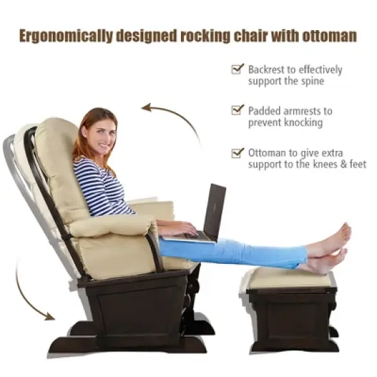 Costway Baby Nursery Relax  Rocker Rocking Chair Glider &Ottoman Set w/Cushion Light Grey\ Beige\Dark Grey image {5}
