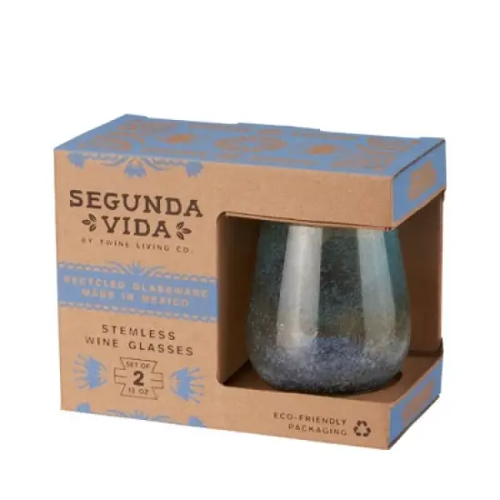 Twine Living Playa Bonita Stemless Wine Glasses, Recycled Drinking Glass, Coastal Inspired Sea Blue and Sand Design, 13 oz, Set of 2 image {6}