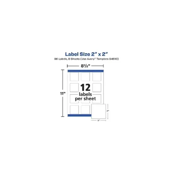Avery Laser/Inkjet Multipurpose Label 2" x 2" White 12 Labels/Sheet 8 Sheets/Pack (64510) image {1}