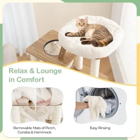 Tangkula Modern Cat Tree 57" Wood Cat Tower with Sisal Scratching Posts Padded Top Perch 2 Cat Condos Hanging Hammock & Climbing Ladder image {4}