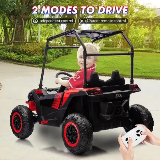 24V Ride On Utv for Kids, 2 Seater Electric Truck with Sun Shade,4WD Electric Car Toy with Remote Control, Led Lights, Music Player, Red image {6}