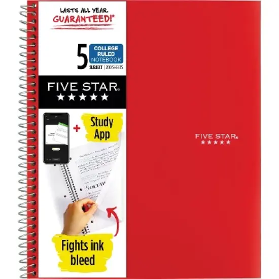 Five Star 5 Subject College Ruled Spiral Notebook (Colors May Vary): School Supplies, 3 Hole Punched, Flexible Cover, 200 Pages image {1}