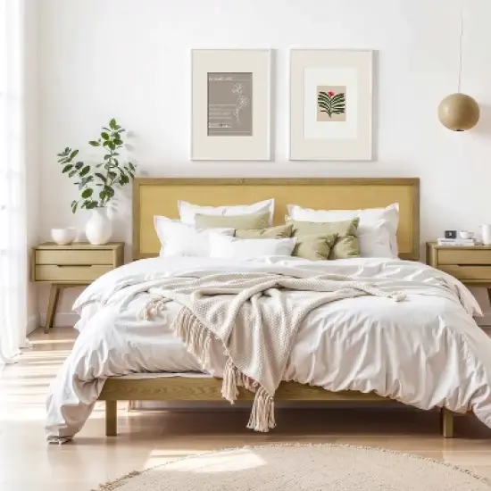 LuxenHome Natural Finish Rubberwood with Rattan Panel Headboard, Queen Brown image {3}