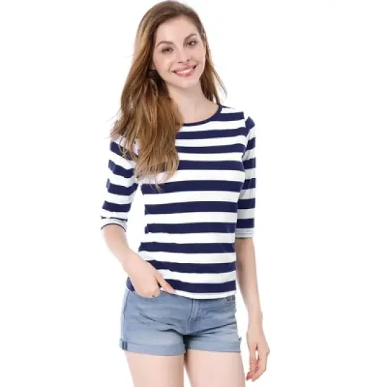 Allegra K Women's Elbow Sleeves Round Neck Slim Fit Casual Printed T-Shirt image {2}