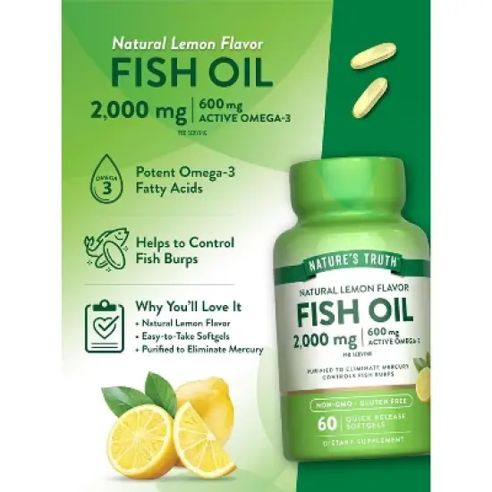 Nature's Truth Fish Oil Omega 3 | 2000 mg | 60 Softgels | Lemon Flavor | EPA & DHA | Non-GMO and Gluten Free Supplement image {4}