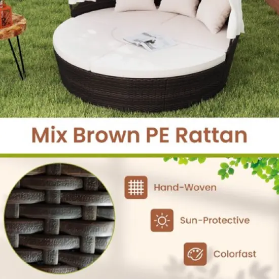 Costway Patio Round Daybed PE Rattan Cushioned Sectional Seating with Retractable Canopy image {6}