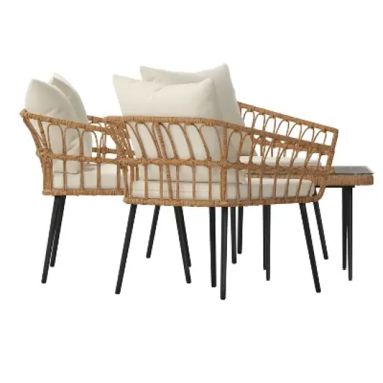 Merrick Lane Four Piece Indoor/Outdoor Boho Open Weave Natural Rattan Rope Patio Set with Two Chairs, Loveseat and Table with Cushions image {2}